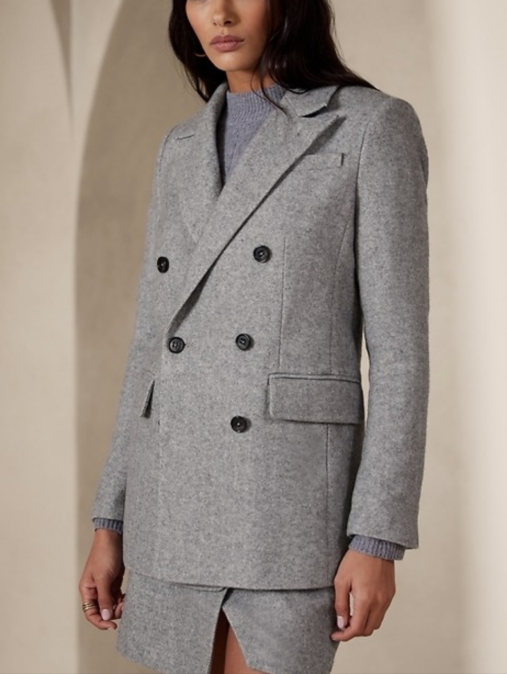 Banana Republic Marley Herringbone Longline Peak Lapel Collar Blazer Light Gray